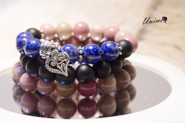 Bohomian Lapis,Rhodochrosite and Black Agate bracelet