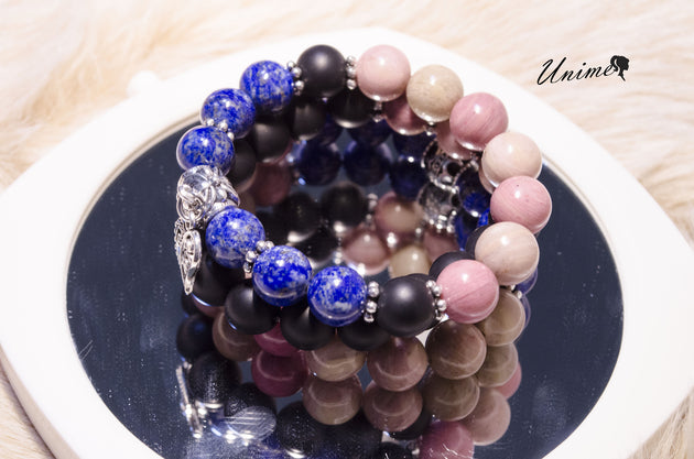 Bohomian Lapis,Rhodochrosite and Black Agate bracelet