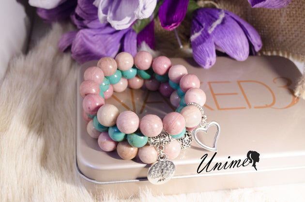 Bohomian Blue Turquoise and Rhodochrosite bracelet