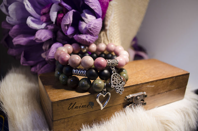 Bohomian Rhodochrosite,Black Agate and Bloodstone bracelet