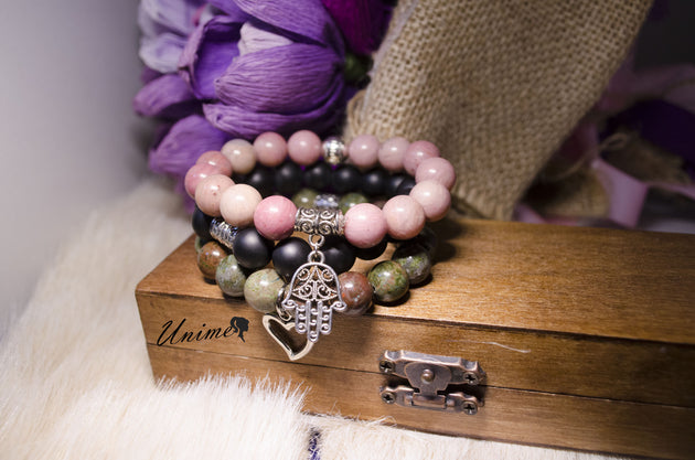 Bohomian Rhodochrosite,Black Agate and Bloodstone bracelet