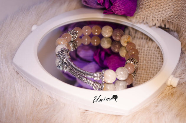 Strawberry Quartz, Chrysanthemum Fossil and Pink Tourmaline bracelet